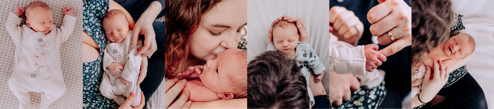 A gallery of six images from a newborn photography session in the studio in Horsham.
