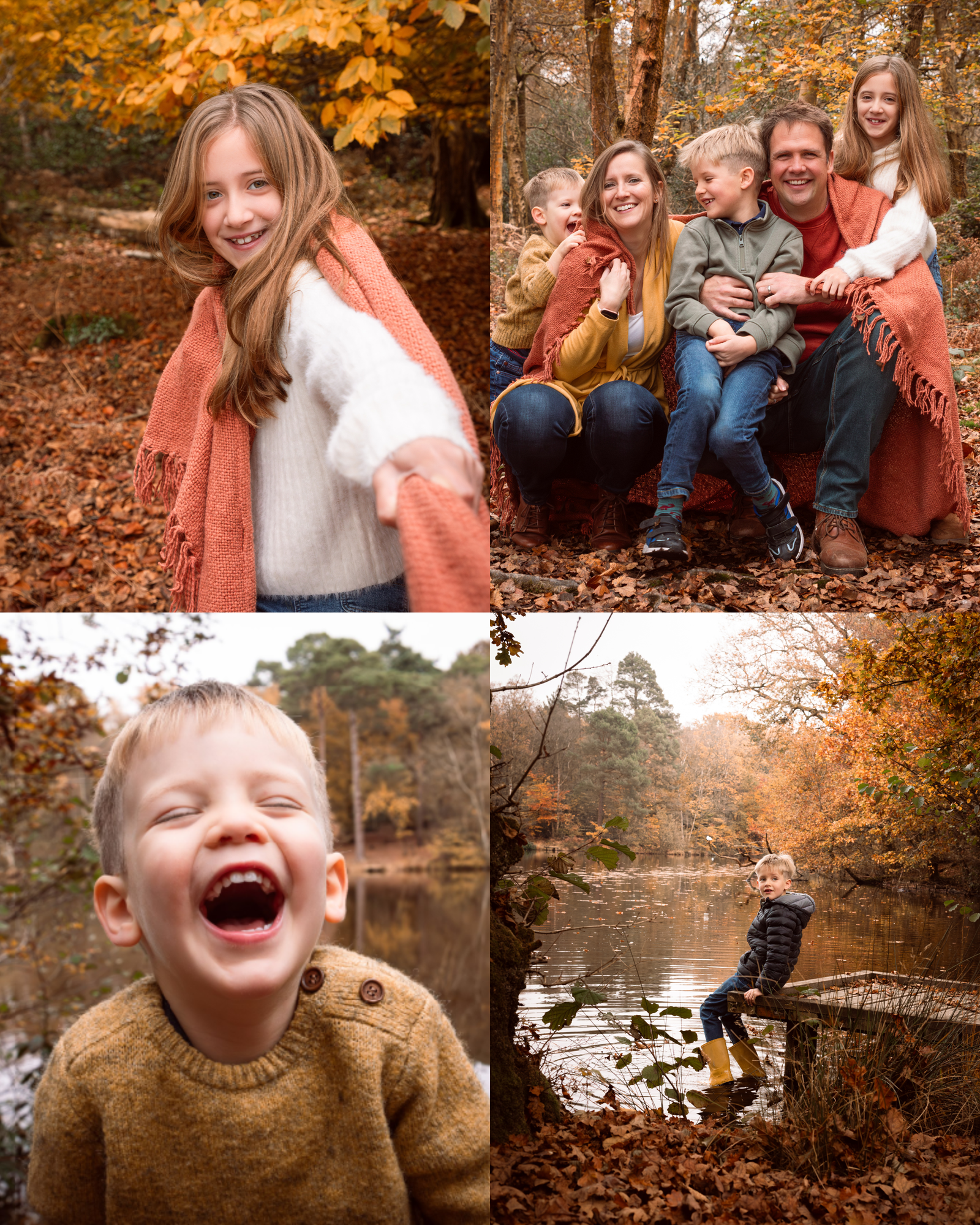 A collage of professional photographs of families playing in the woods in autumn