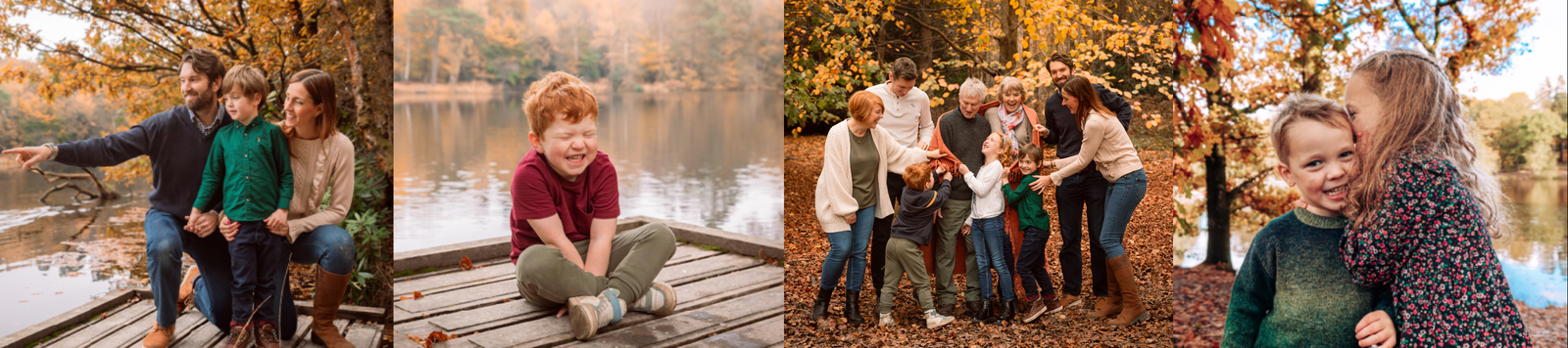 A strip of professional photographs of families playing in the woods in autumn