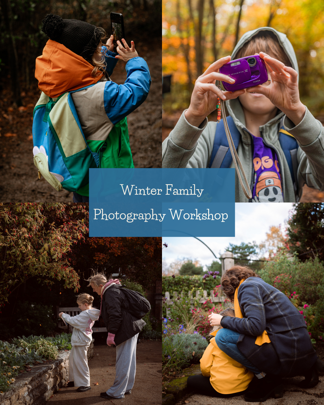 Children taking photos during an outdoor workshop
