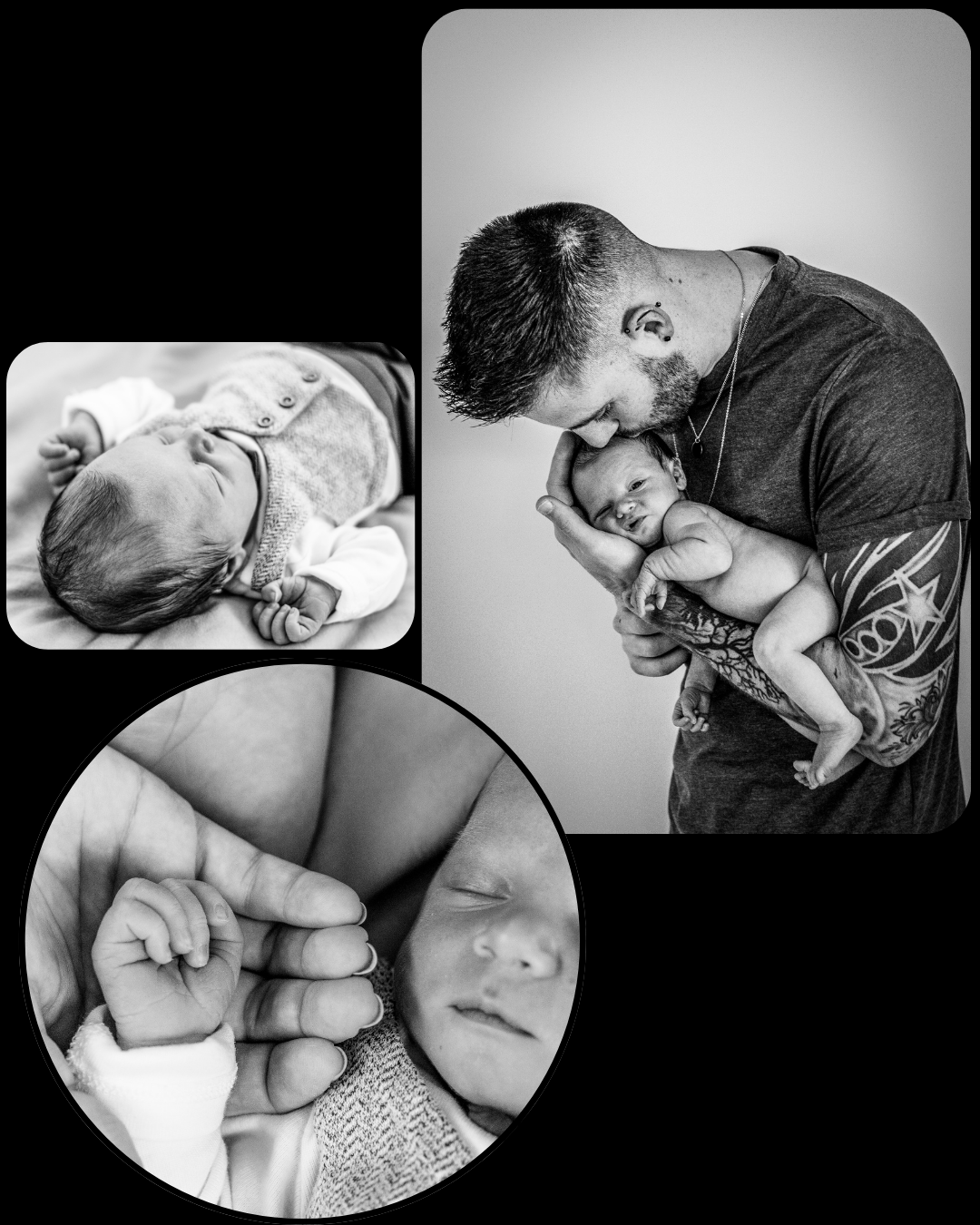 Newborn baby cuddled by parents during an in-home photography session