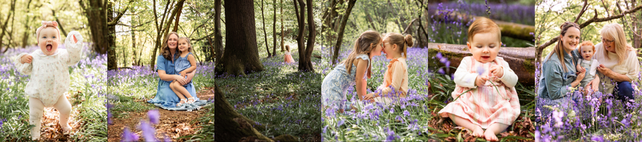 Family walking through bluebells during a spring mini photoshoot